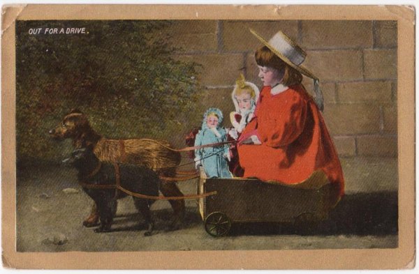 画像1: お人形さんと犬車でお出かけする女の子 (1)