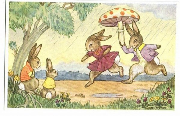 画像1: ウサギさんの雨宿り　キノコの傘　Dorren M Parr (1)
