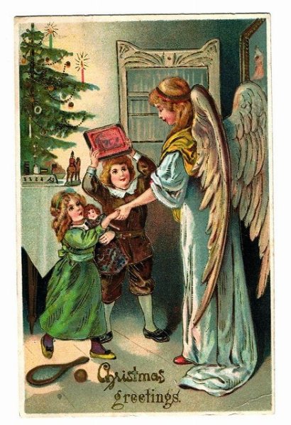 画像1: クリスマスカード　プレゼントを渡す天使 (1)