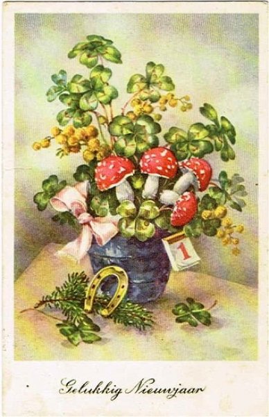 画像1: キノコと馬蹄と四つ葉クローバーのニューイヤーズカード　年賀状 (1)