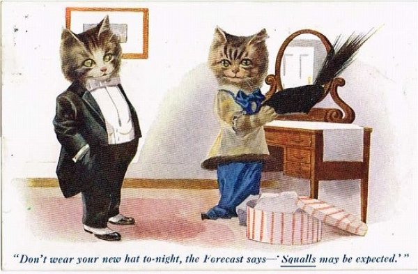 画像1: お出かけ用の帽子を選ぶ猫　1914年消印 (1)
