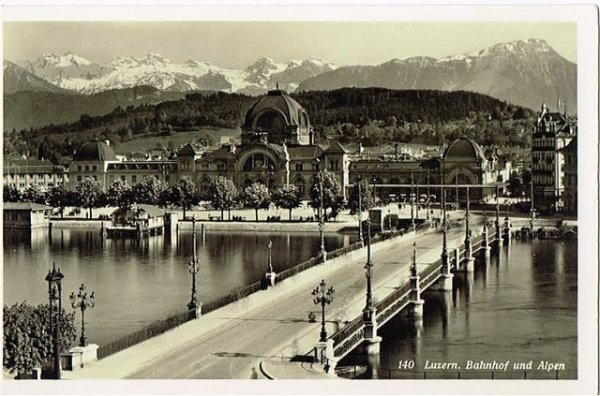 画像1: スイス　ルツェルンの街　橋とアルプス　Luzern (1)