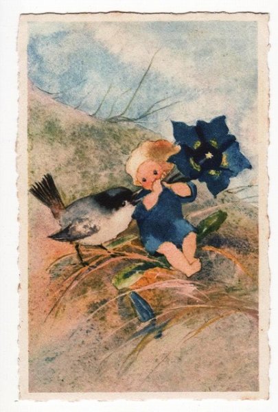 画像1: Postcard  青いお花の妖精と小鳥 Mili Weber (1)