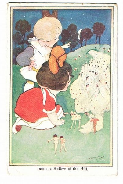 画像1: Postcard  月夜に丘を登る妖精たちと女の子 Hilda Cowham (1)