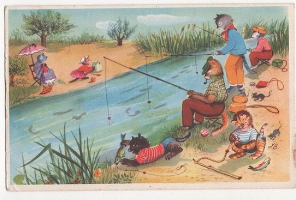 画像1: 魚釣りをする猫たち (1)