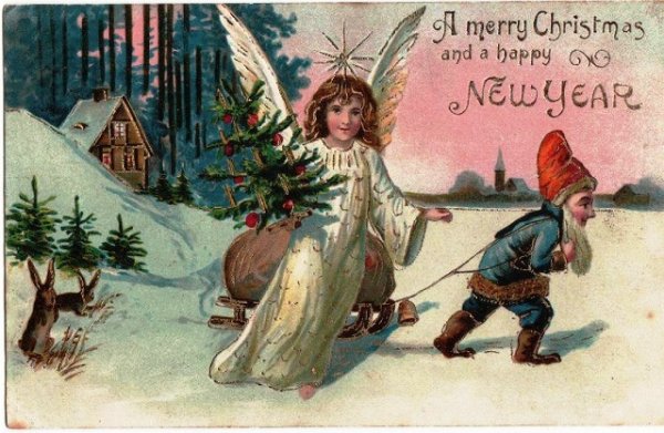 画像1: クリスマスカード　天使とノーム妖精とウサギ (1)