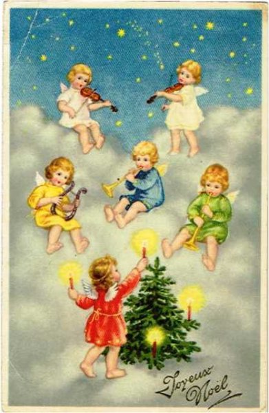 画像1: クリスマスカード　雲の上で演奏をする天使 (1)