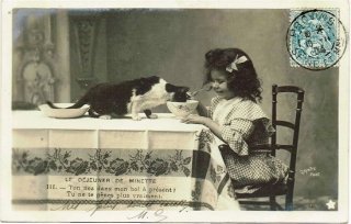アンティークポストカード子猫を抱き花かごを持つ美しい少女2枚セット アンティークポストカード子猫を抱き花かごを持つ美しい少女2枚