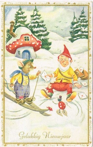 画像1: 小人妖精の郵便配達人とスキー中のネズミさん　キノコの家 (1)