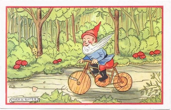 画像1: 木製自転車に乗る小人妖精ノーム　キノコ (1)