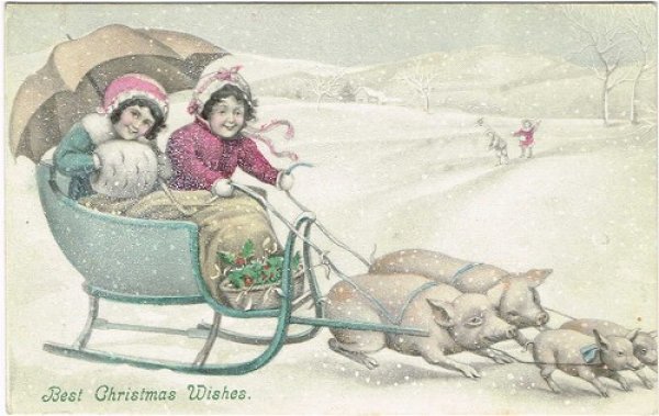 画像1: 豚さんソリに乗る女の子　V.K.VIENNE (1)