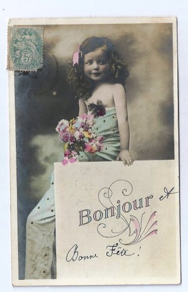 画像1: フランス　ボンジュール　お花と女の子  1907年 (1)