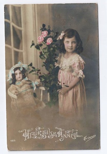 専用ページフランスアンティークポストカード ビスクドールと女の子 - 写真