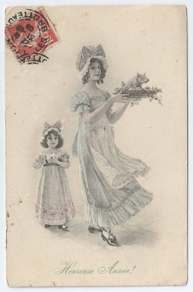画像1: フランス　子豚を運ぶ母娘　1908年 M.M.VIENNE (1)