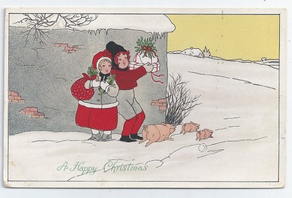 画像1: クリスマス　プレゼントを持った子どもと走り去る豚さん 1912年 (1)