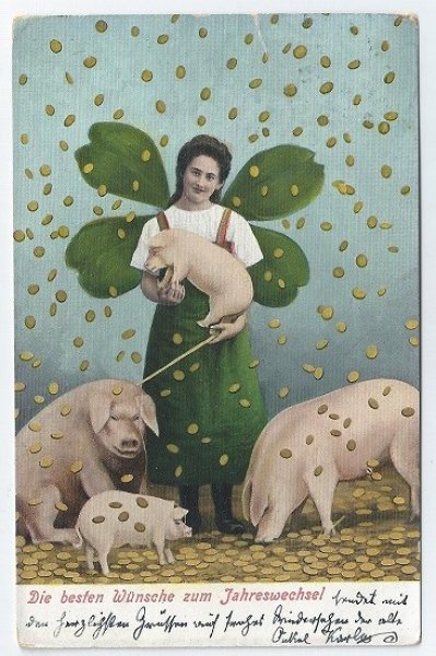 画像1: オーストリア　降ってくる金貨と豚の家族と女性 (1)