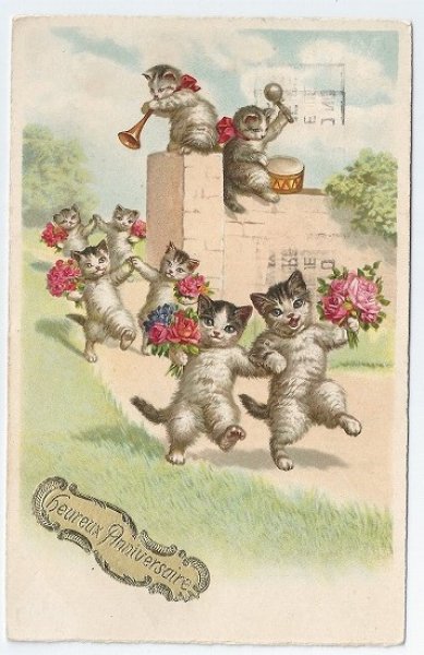 画像1: 薔薇のお花を持って楽しそうに歩く猫　W.Fialkowska (1)