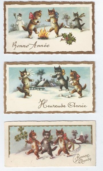 画像1: ミニカード3枚組　Bonne Annee 雪と3匹の猫 　フランス (1)