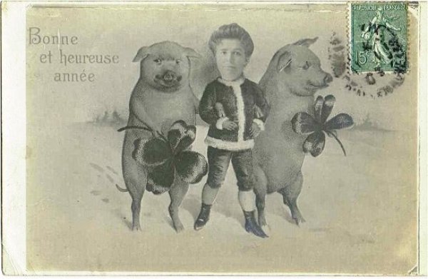 画像1: 四つ葉を持った豚さんと腕を組んで歩く人　1905年頃 (1)