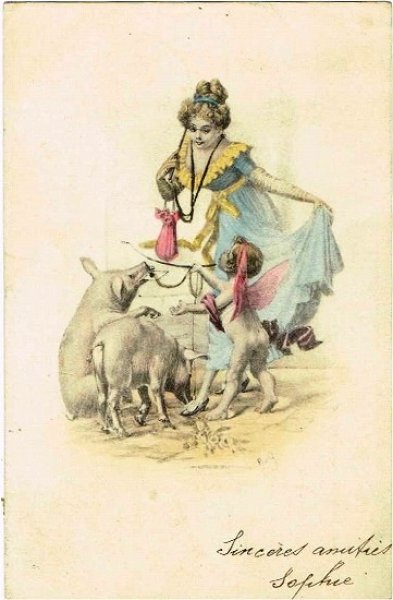 画像1: フランス　子豚と天使と女性　1904年 (1)