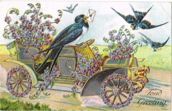 画像1: スミレのお花車と手紙を運ぶ　ツバメ 1910年代頃　未使用 (1)