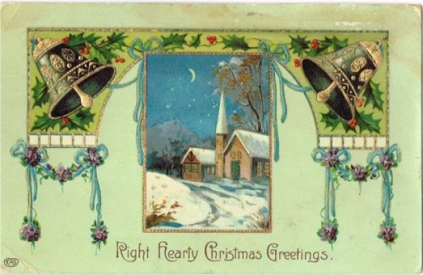 画像1: クリスマス　教会の雪景色とベル　1910年 (1)