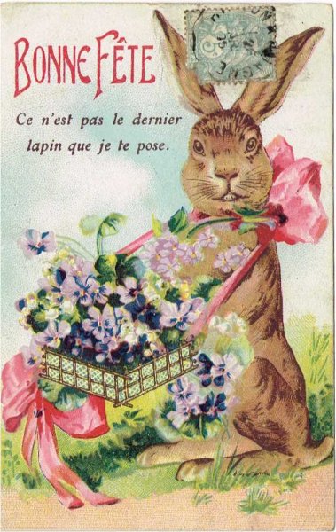 画像1: イースター　スミレのお花かごを持つウサギさん　フランス1905年 (1)