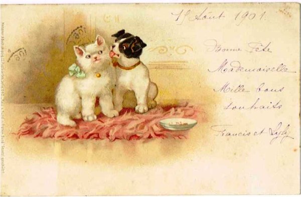 画像1: フランス　仲良しの犬と猫　1901年 (1)