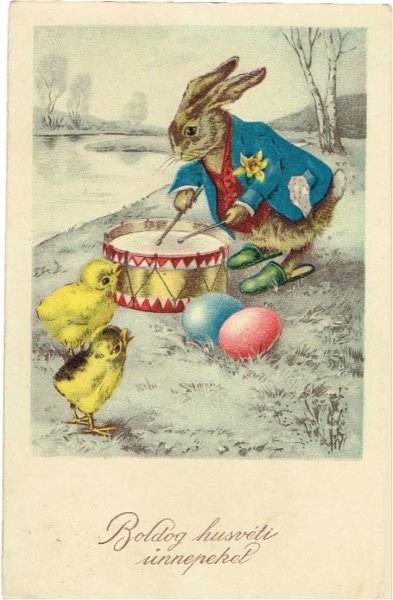 画像1: イースター　ドラムを叩くウサギさんを見ているヒヨコさん (1)