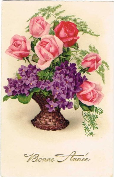 画像1: 薔薇とスミレのお花　フランス1937年 　Bonne Annee (1)