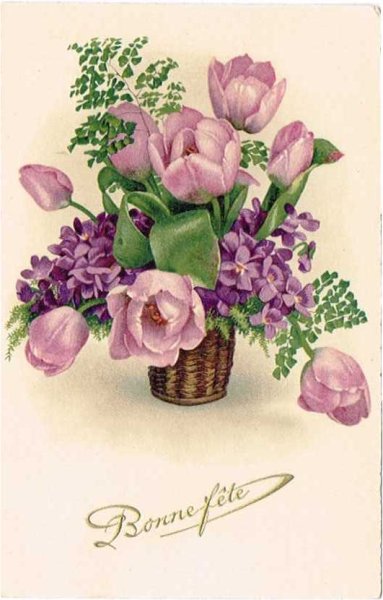 画像1: 紫のチューリップとスミレのお花　1930年代頃　未使用 (1)