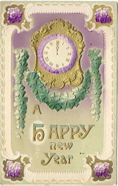 画像1: New Year スミレのお花と四つ葉のクローバーと時計　1910年頃 (1)