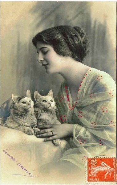 画像1: 女性と2匹の猫　フランス1910年頃 (1)