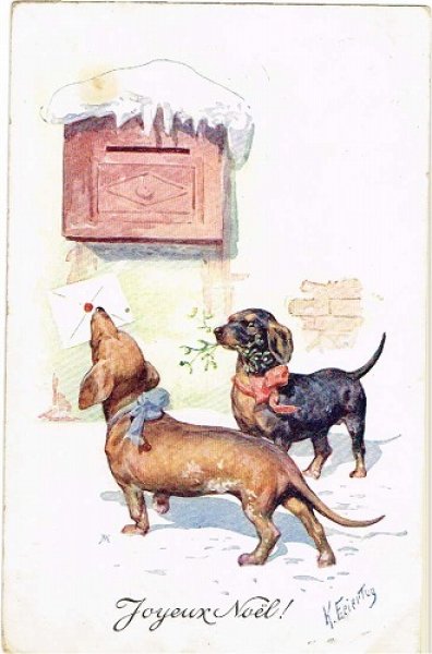 画像1: ポストに手紙を投函するダックスフンド犬　スイス1911年 (1)