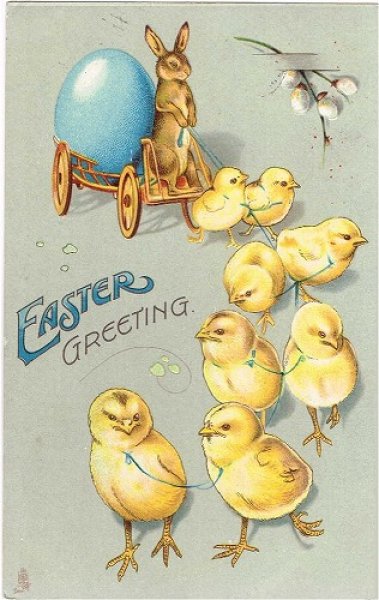 画像1: Postcard 　イースター　ヒヨコとウサギが運ぶ大きな卵　1911年 (1)
