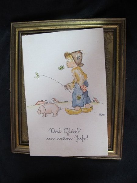 画像2: Postcard  少年と子豚 1930年代 (2)