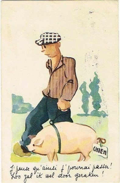 画像1: Postcard 　ブタと散歩をする少年　ベルギー1942年 (1)
