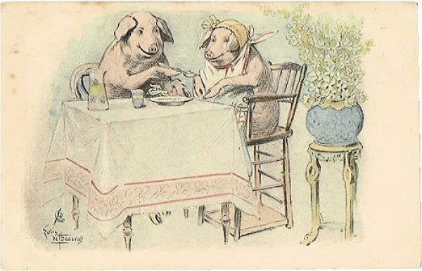 画像1: Postcard 　四つ葉クローバー　お食事をする豚さん (1)
