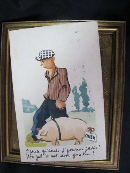 画像2: Postcard  ブタと散歩をする少年 ベルギー1942年 (2)