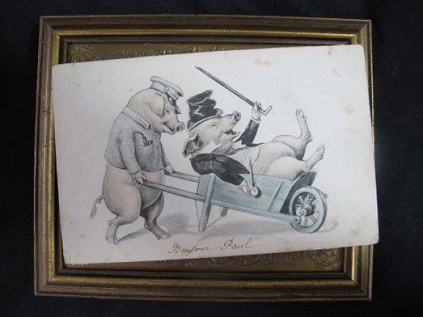 画像2: Postcard  一輪車で豚の紳士を運ぶポーターさん 1903年 (2)