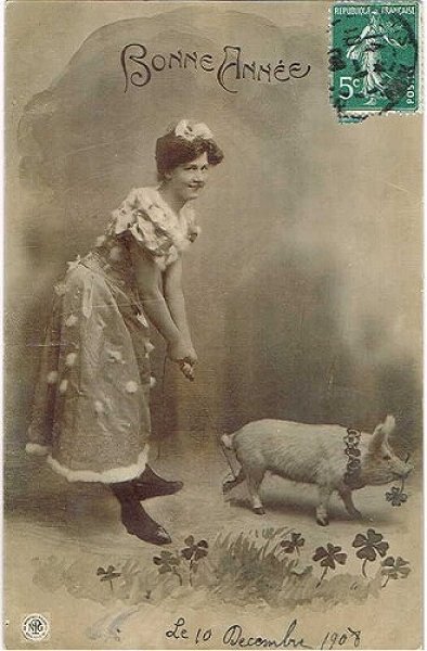 画像1: Postcard 　女性と豚さん　1908年 (1)