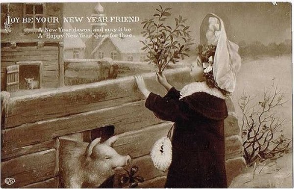 画像1: Postcard 　豚さんと女の子　1910年 (1)