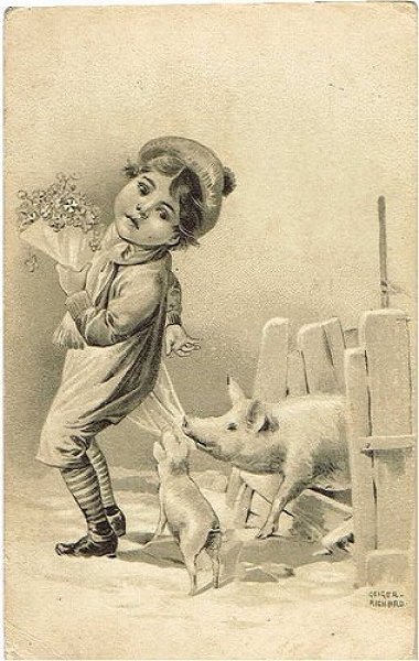 画像1: Postcard 　四つ葉のクローバーを持つ男の子の服を引っ張る豚さん (1)