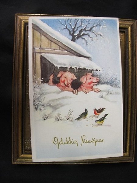 画像2: Postcard  豚さんと小鳥 1950年代頃 (2)