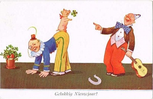 画像1: Postcard 　道化師さんと子豚　キノコ 1951年 (1)
