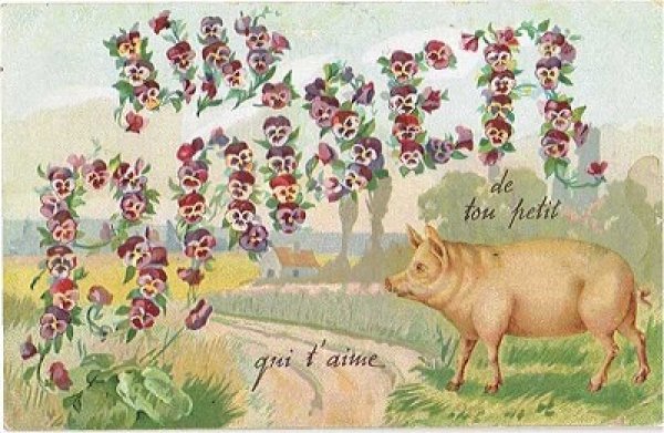 画像1: Postcard 　豚さんとパンジーのお花文字 (1)
