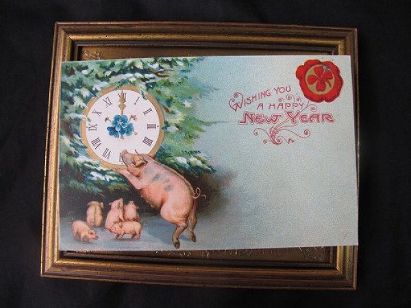 画像2: Postcard  新年を告げる時計と豚さんの家族 1910年頃 (2)
