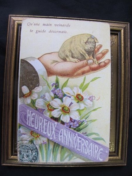 画像2: Postcard 手乗り子豚とお花 フランス1907年 (2)