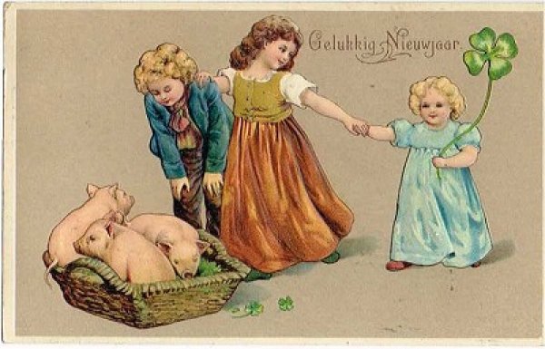 画像1: Postcard 　子豚と子どもたち　Marie Flatscher 1907年 (1)