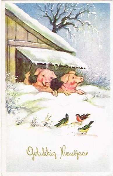 画像1: Postcard 　豚さんと小鳥　1950年代頃 (1)